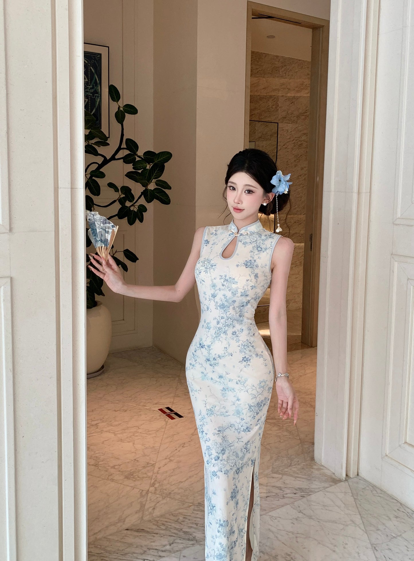 Lotus Blue Floral Mandarin Collar Cheongsam