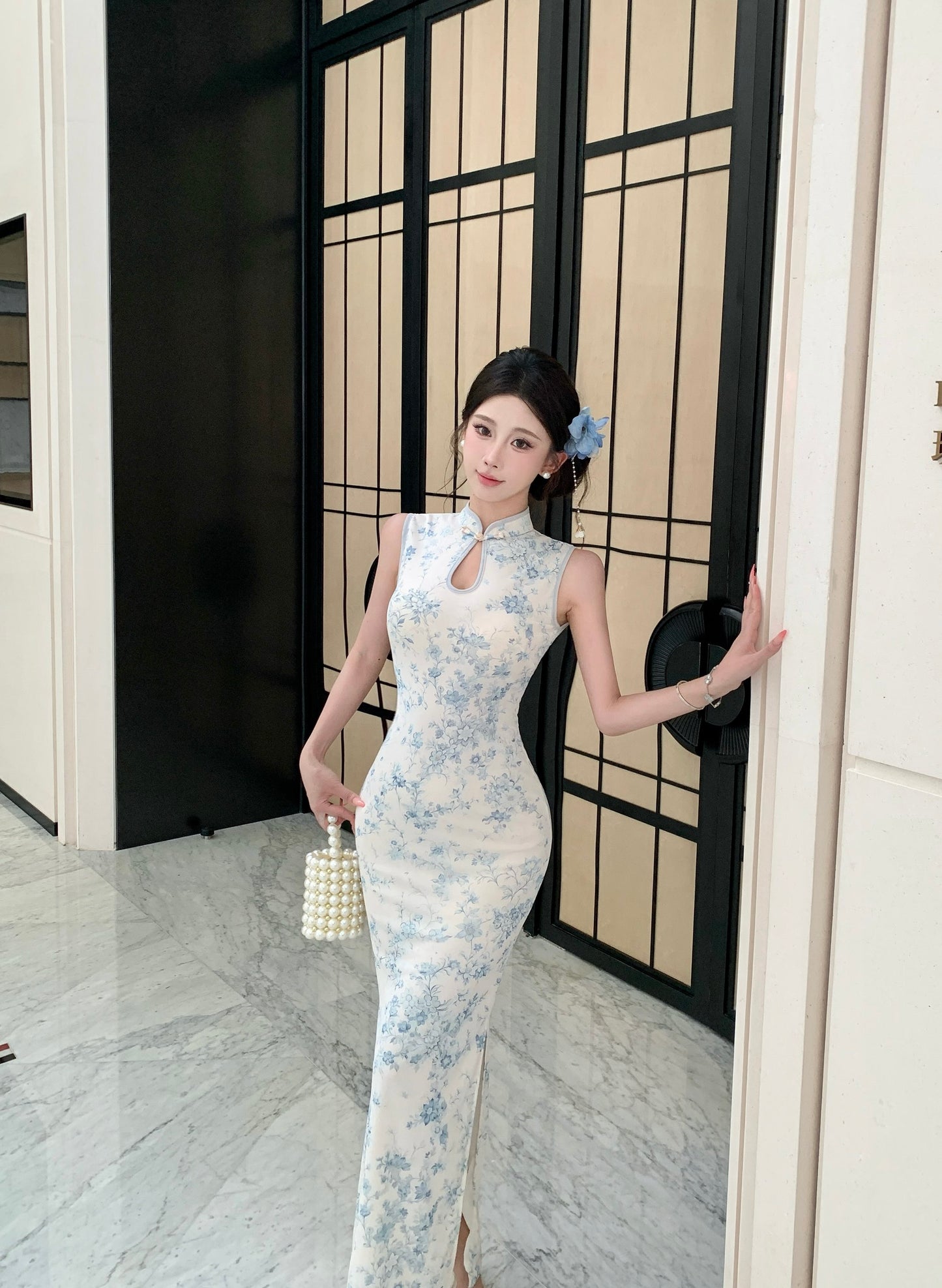 Lotus Blue Floral Mandarin Collar Cheongsam
