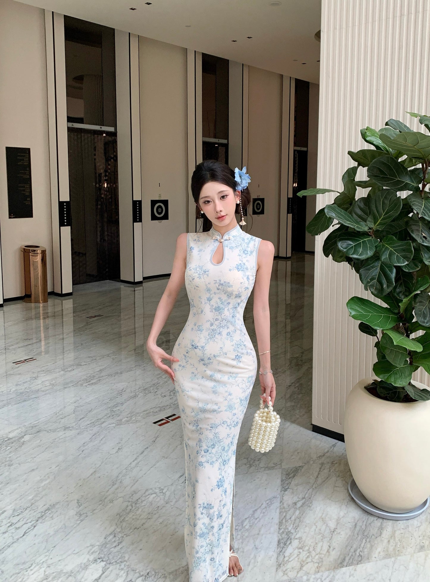 Lotus Blue Floral Mandarin Collar Cheongsam