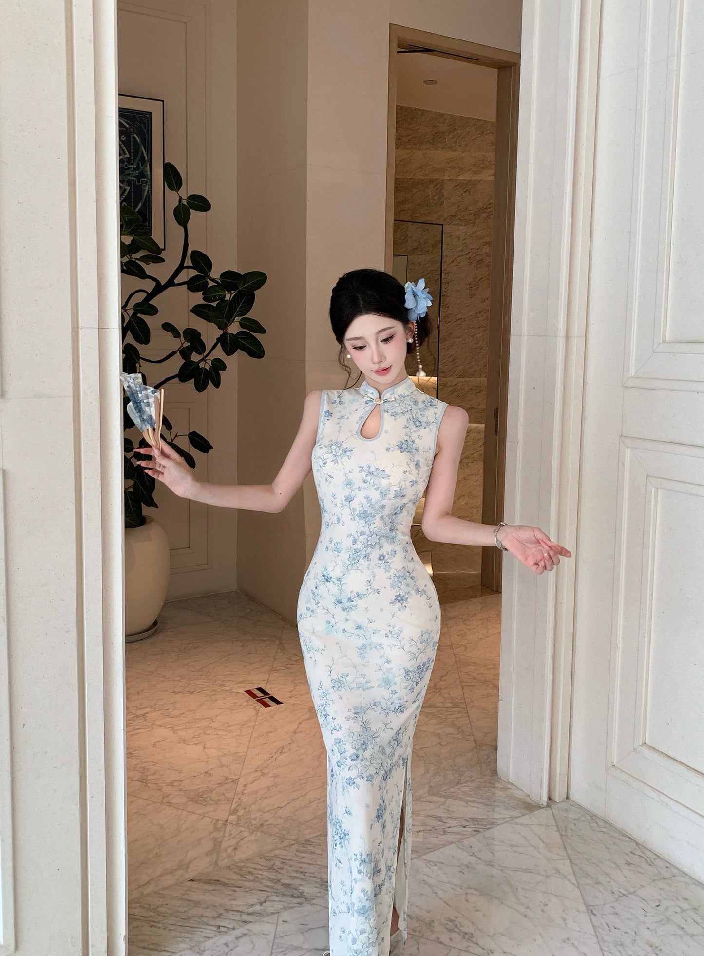 Lotus Blue Floral Mandarin Collar Cheongsam