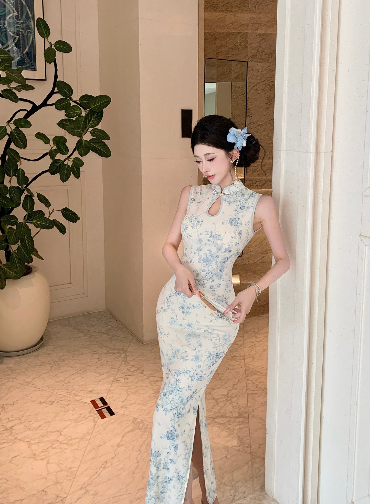 Lotus Blue Floral Mandarin Collar Cheongsam