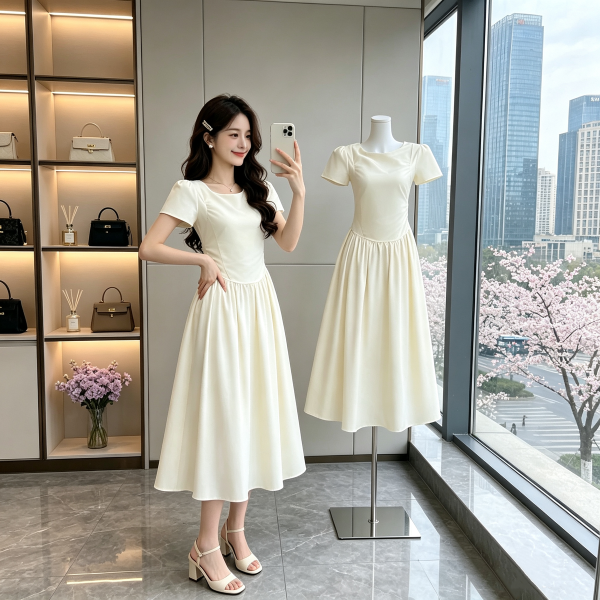 Solene Pastel Yellow Gathered Midi Dress