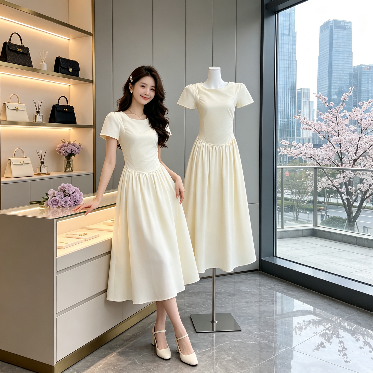 Solene Pastel Yellow Gathered Midi Dress