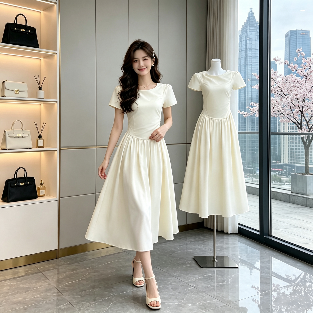 Solene Pastel Yellow Gathered Midi Dress