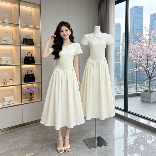 Solene Pastel Yellow Gathered Midi Dress