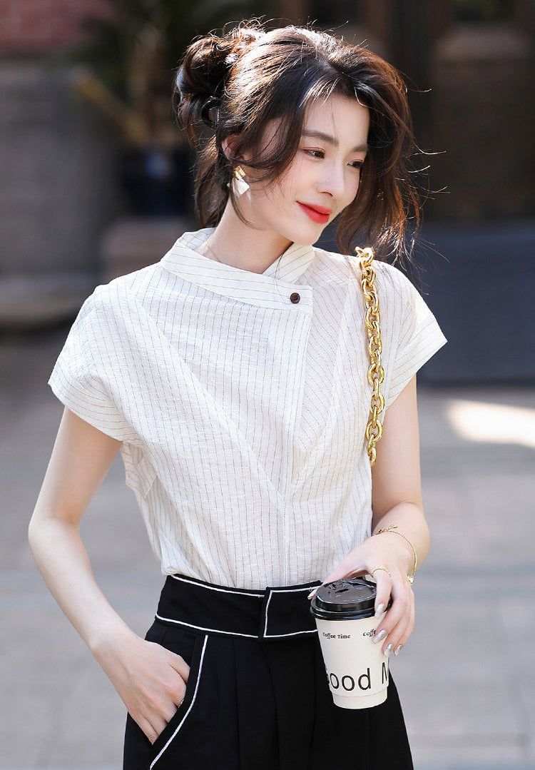 Luxury-Style Stand-Up Collar Striped Short-Sleeved Shirt For Women