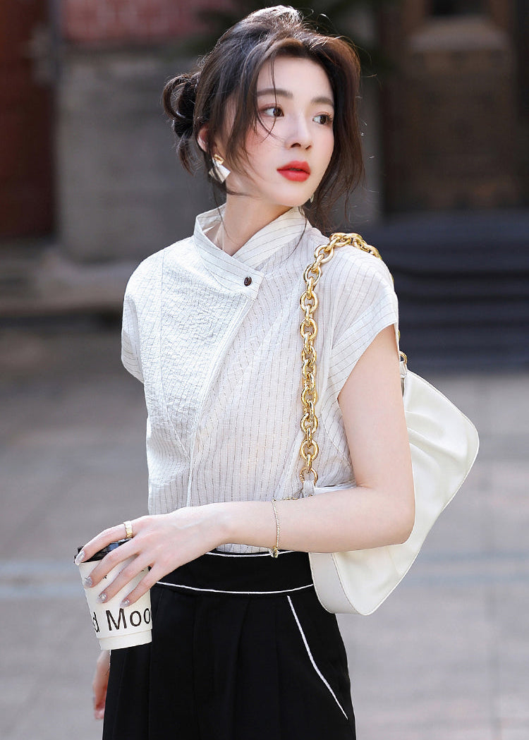 Luxury-Style Stand-Up Collar Striped Short-Sleeved Shirt For Women