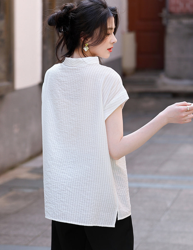 Luxury-Style Stand-Up Collar Striped Short-Sleeved Shirt For Women
