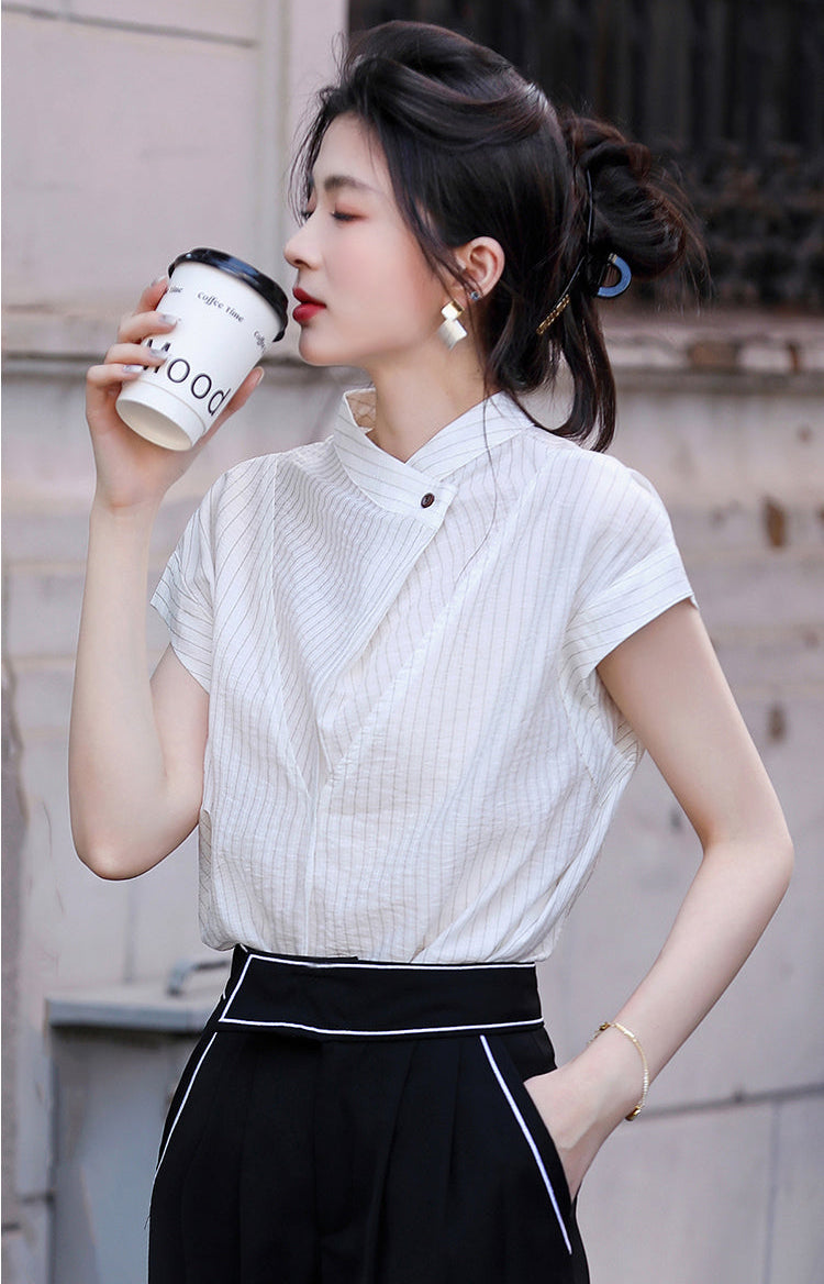 Luxury-Style Stand-Up Collar Striped Short-Sleeved Shirt For Women