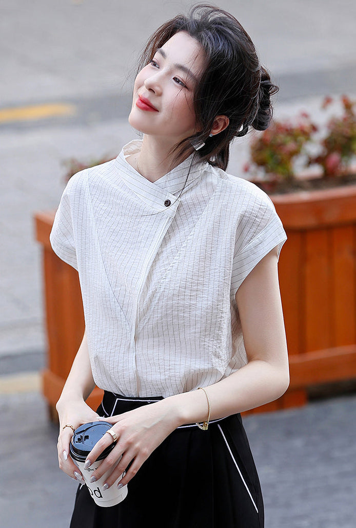 Luxury-Style Stand-Up Collar Striped Short-Sleeved Shirt For Women