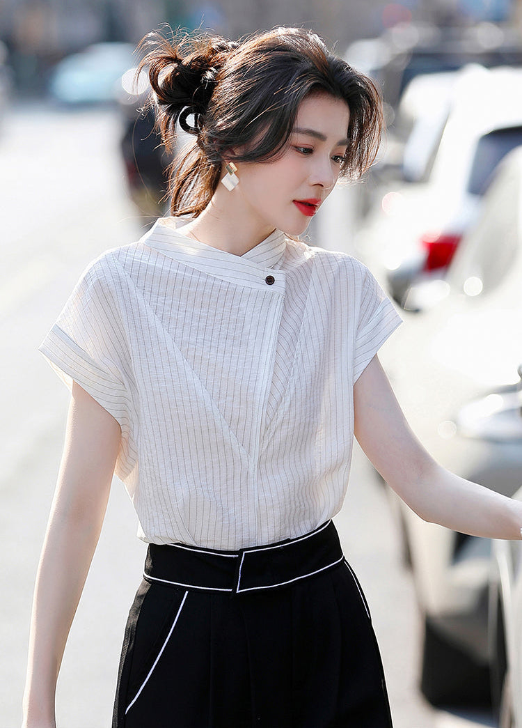 Luxury-Style Stand-Up Collar Striped Short-Sleeved Shirt For Women
