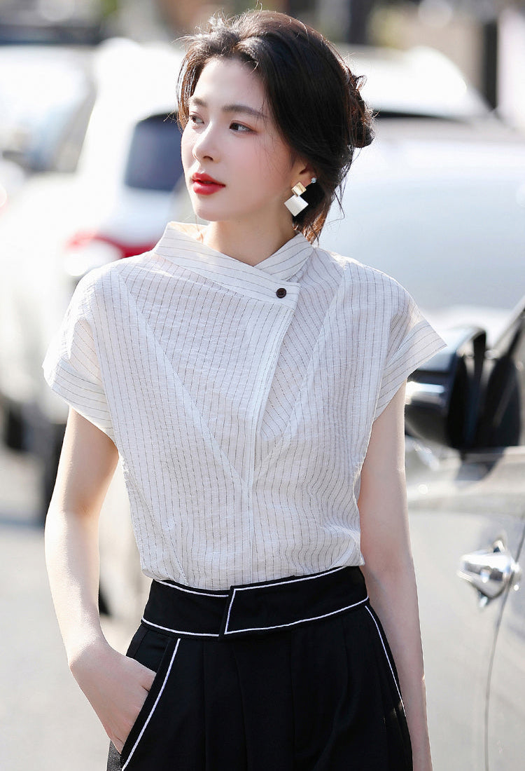 Luxury-Style Stand-Up Collar Striped Short-Sleeved Shirt For Women