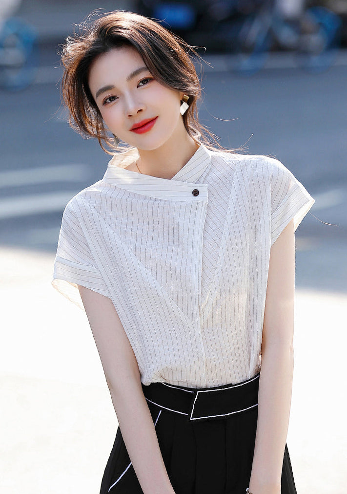 Luxury-Style Stand-Up Collar Striped Short-Sleeved Shirt For Women
