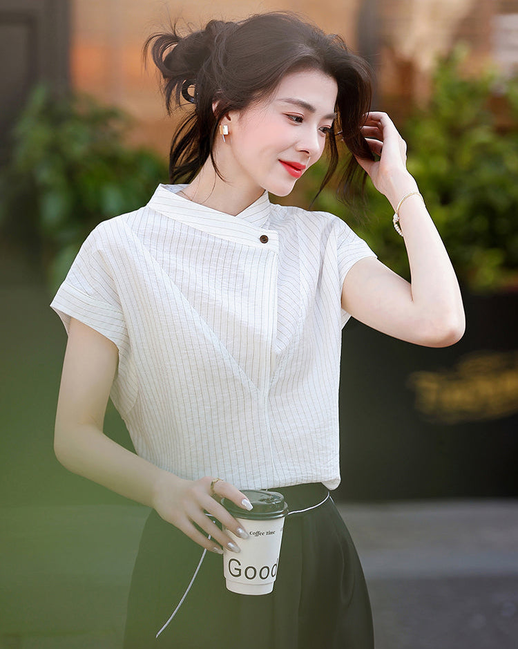 Luxury-Style Stand-Up Collar Striped Short-Sleeved Shirt For Women