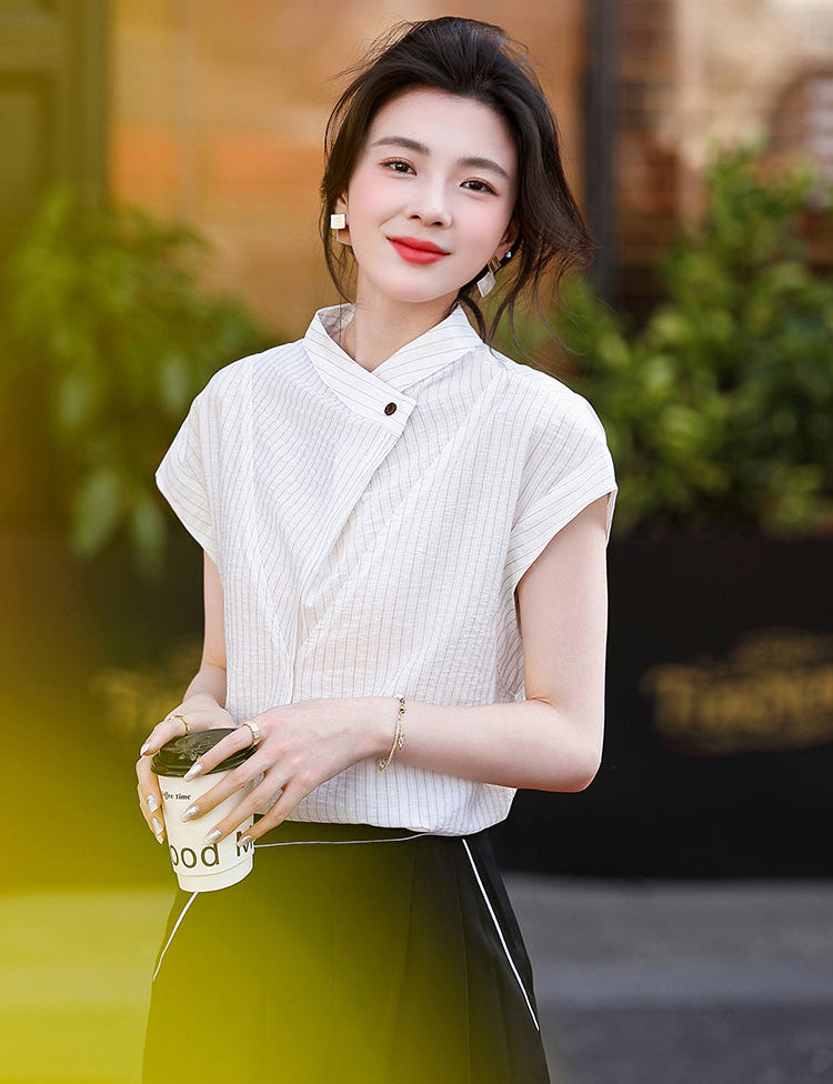 Luxury-Style Stand-Up Collar Striped Short-Sleeved Shirt For Women