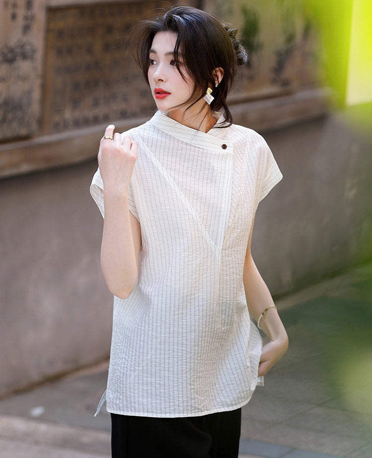 Luxury-Style Stand-Up Collar Striped Short-Sleeved Shirt For Women