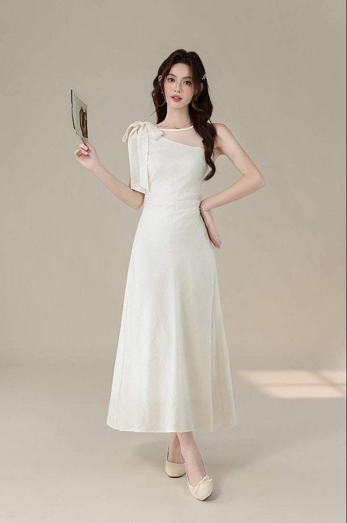 White One-Shoulder Bow Midi Dress