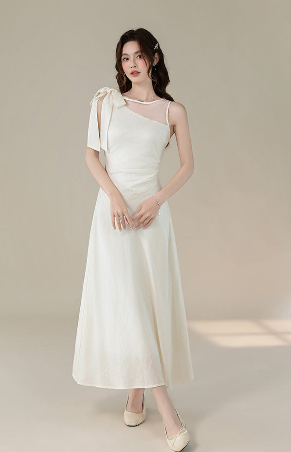 White One-Shoulder Bow Midi Dress