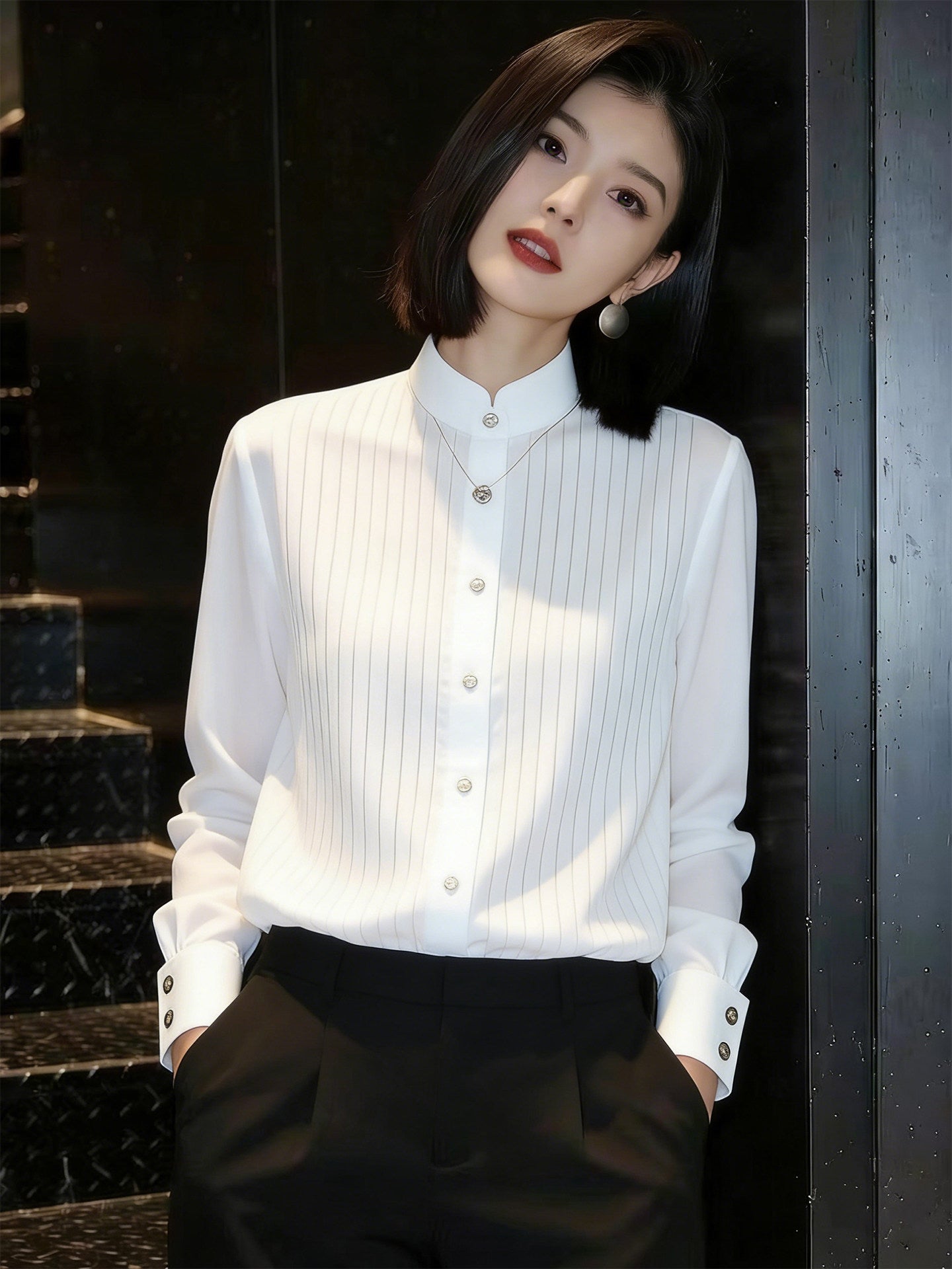 Linear Silk-Chiffon Stand Collar Blouse