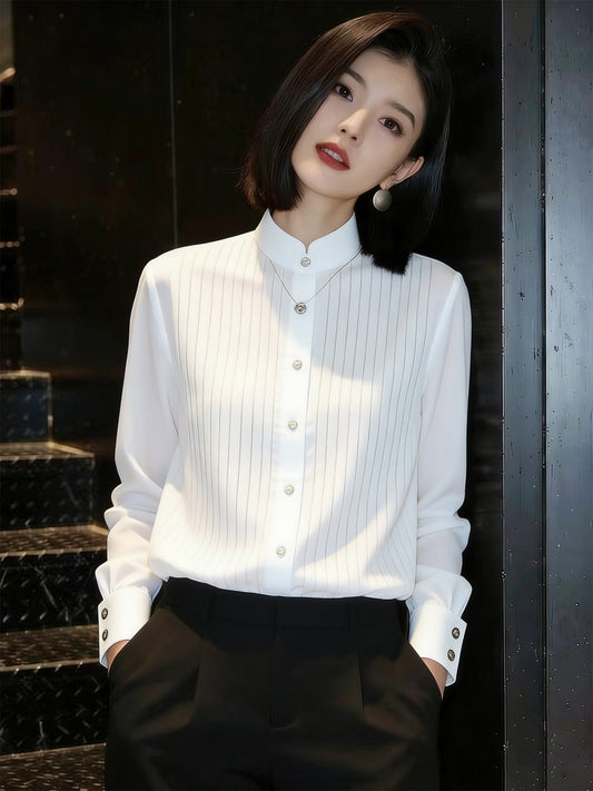 Linear Silk-Chiffon Stand Collar Blouse