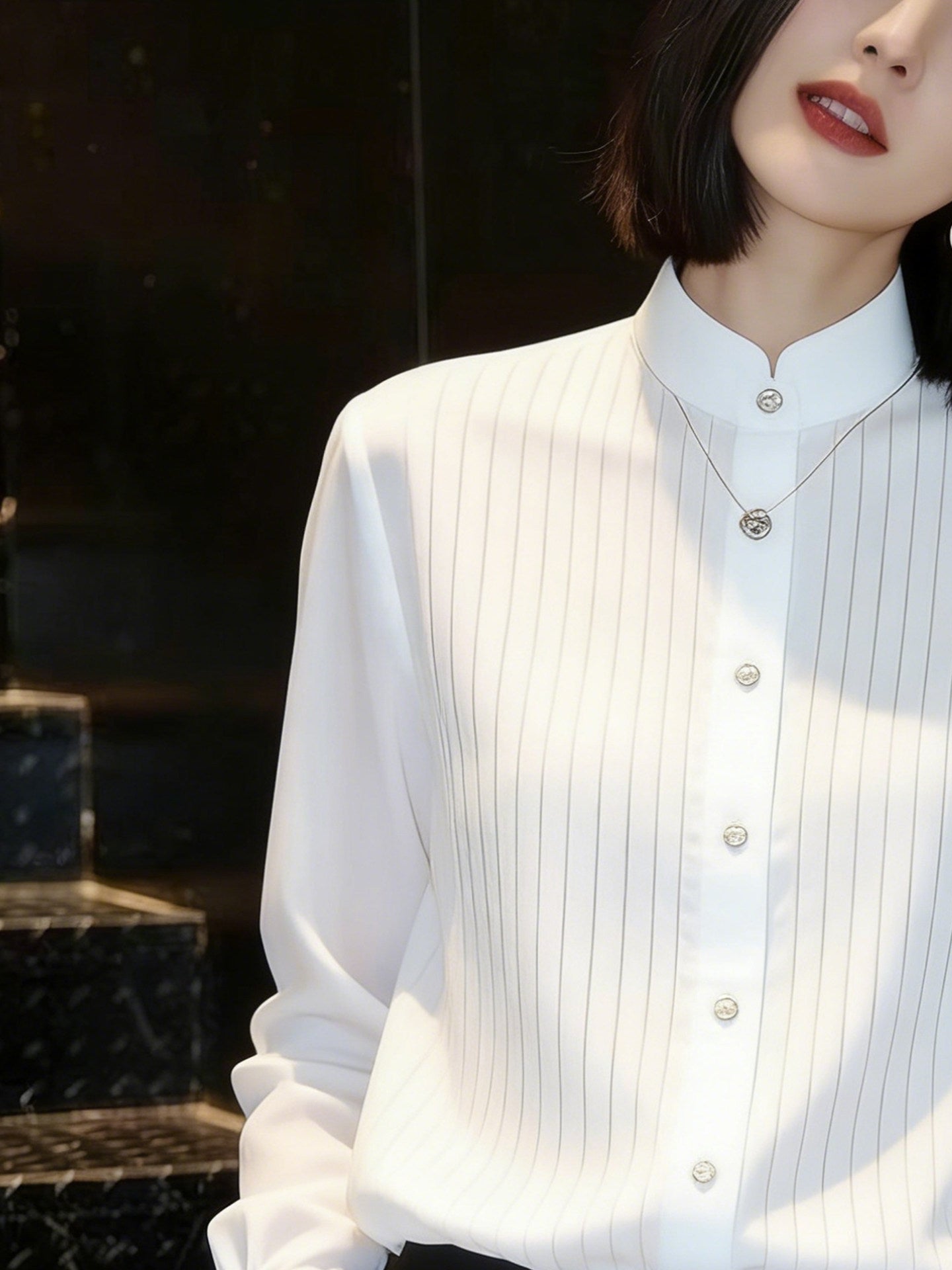 Linear Silk-Chiffon Stand Collar Blouse
