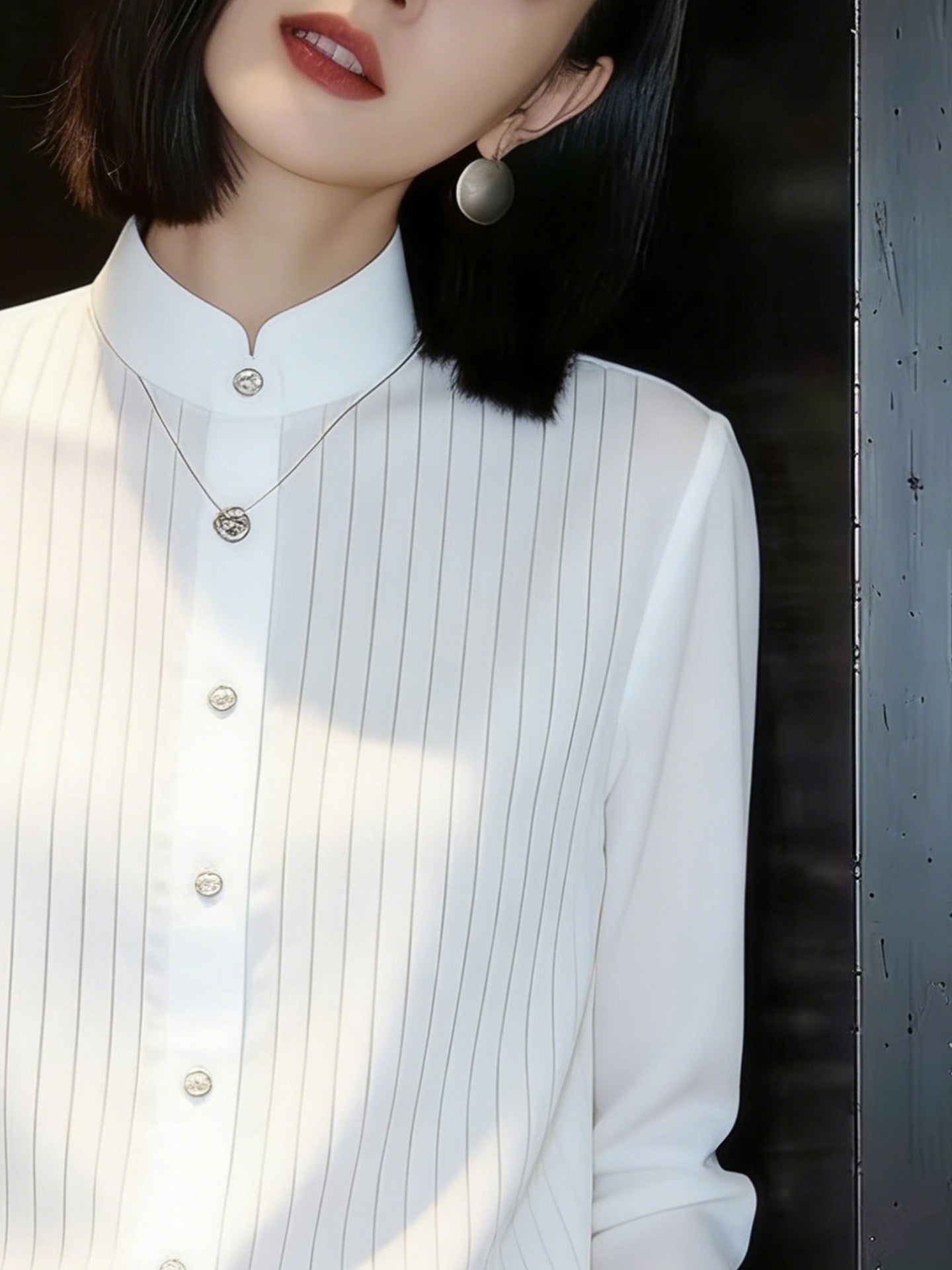 Linear Silk-Chiffon Stand Collar Blouse