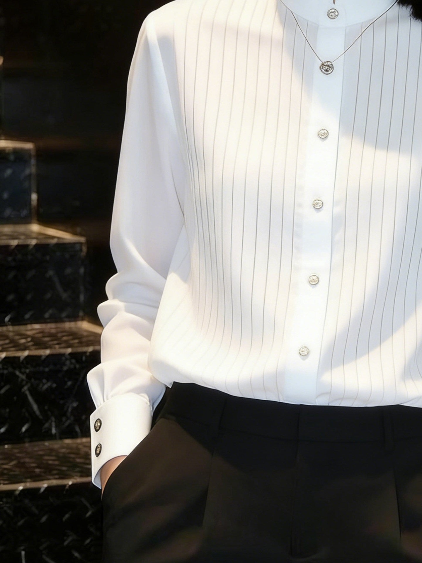 Linear Silk-Chiffon Stand Collar Blouse