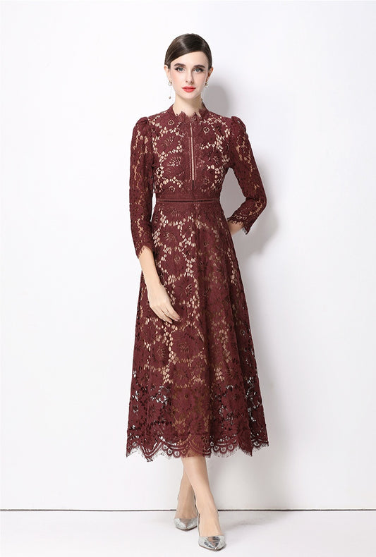 Maroon Elegant Round Neck Hollowed-out Lace Dress