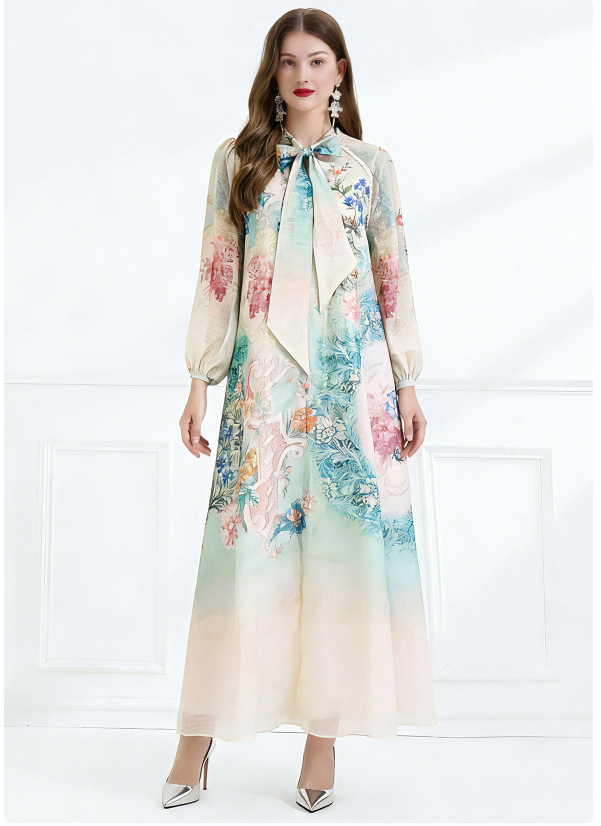 Impressionist Floral Tie-Neck Maxi Dress
