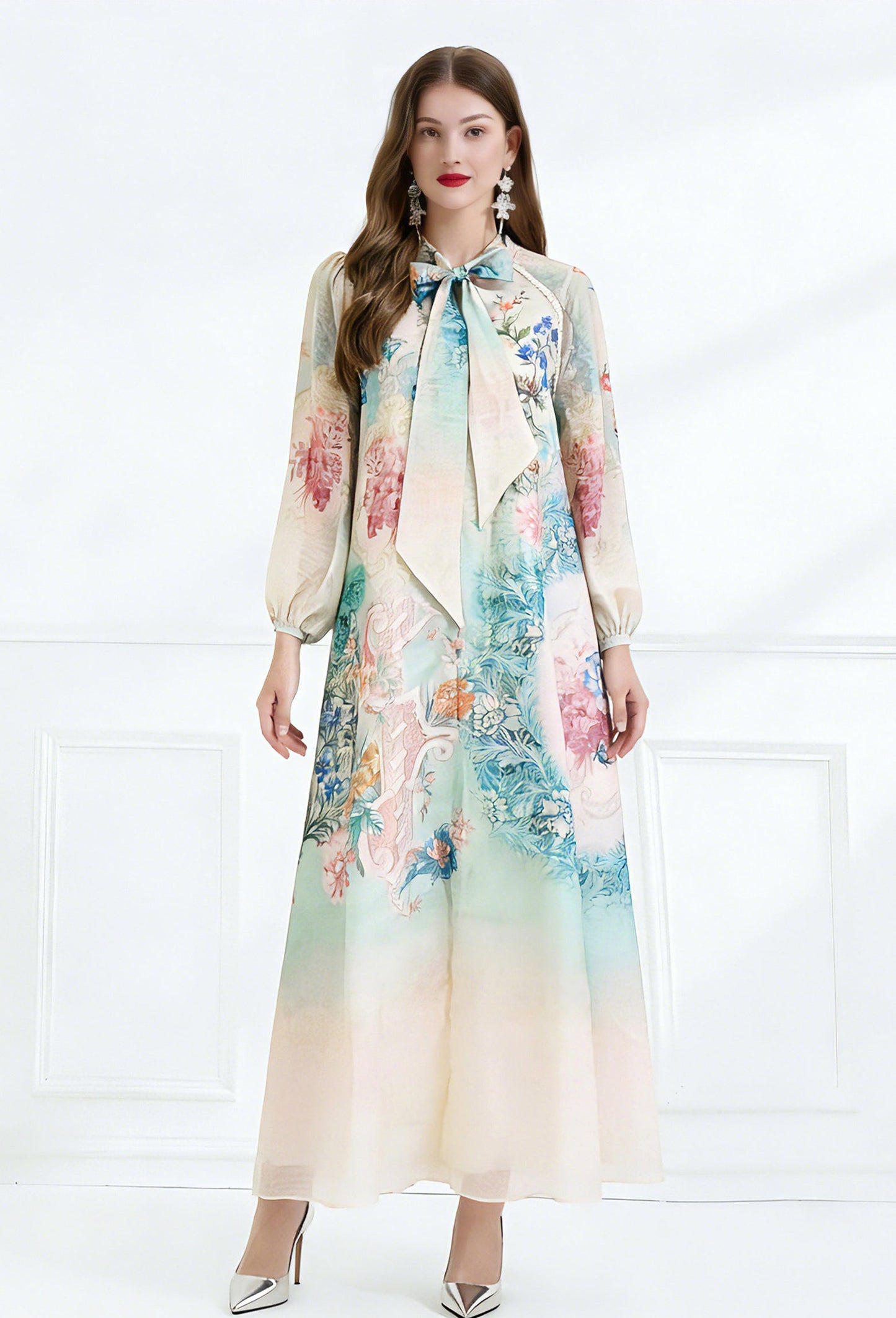 Impressionist Floral Tie-Neck Maxi Dress