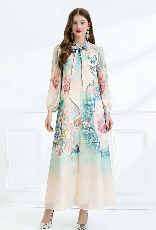 Impressionist Floral Tie-Neck Maxi Dress