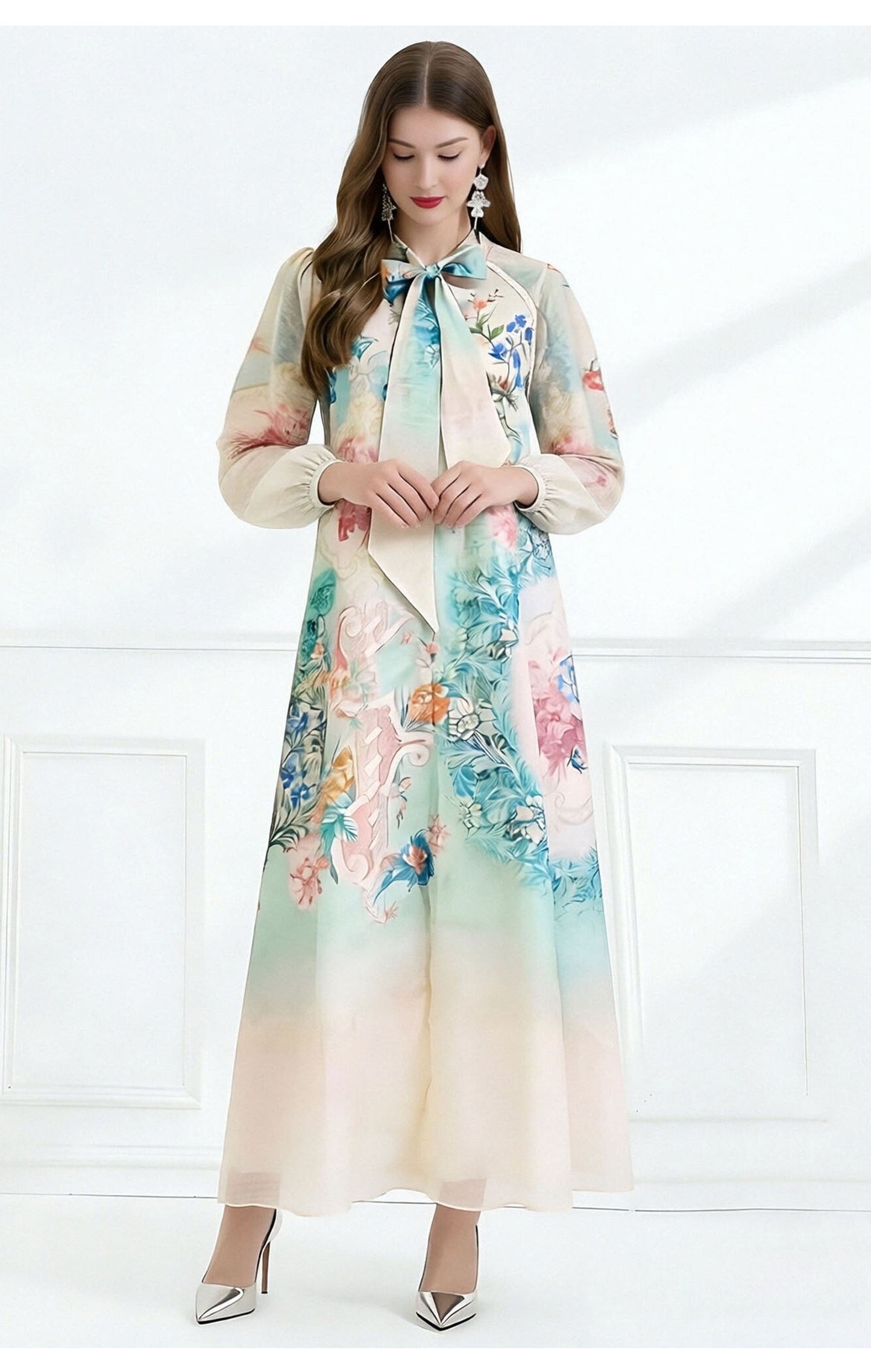 Impressionist Floral Tie-Neck Maxi Dress