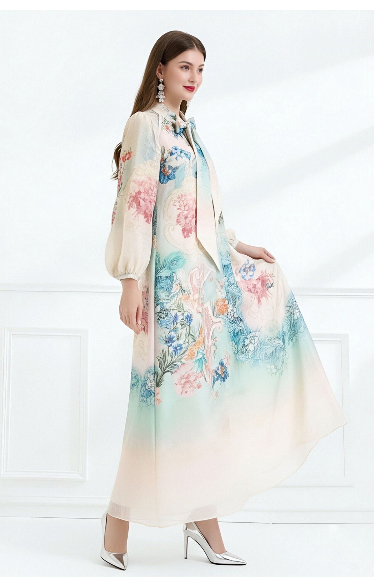 Impressionist Floral Tie-Neck Maxi Dress