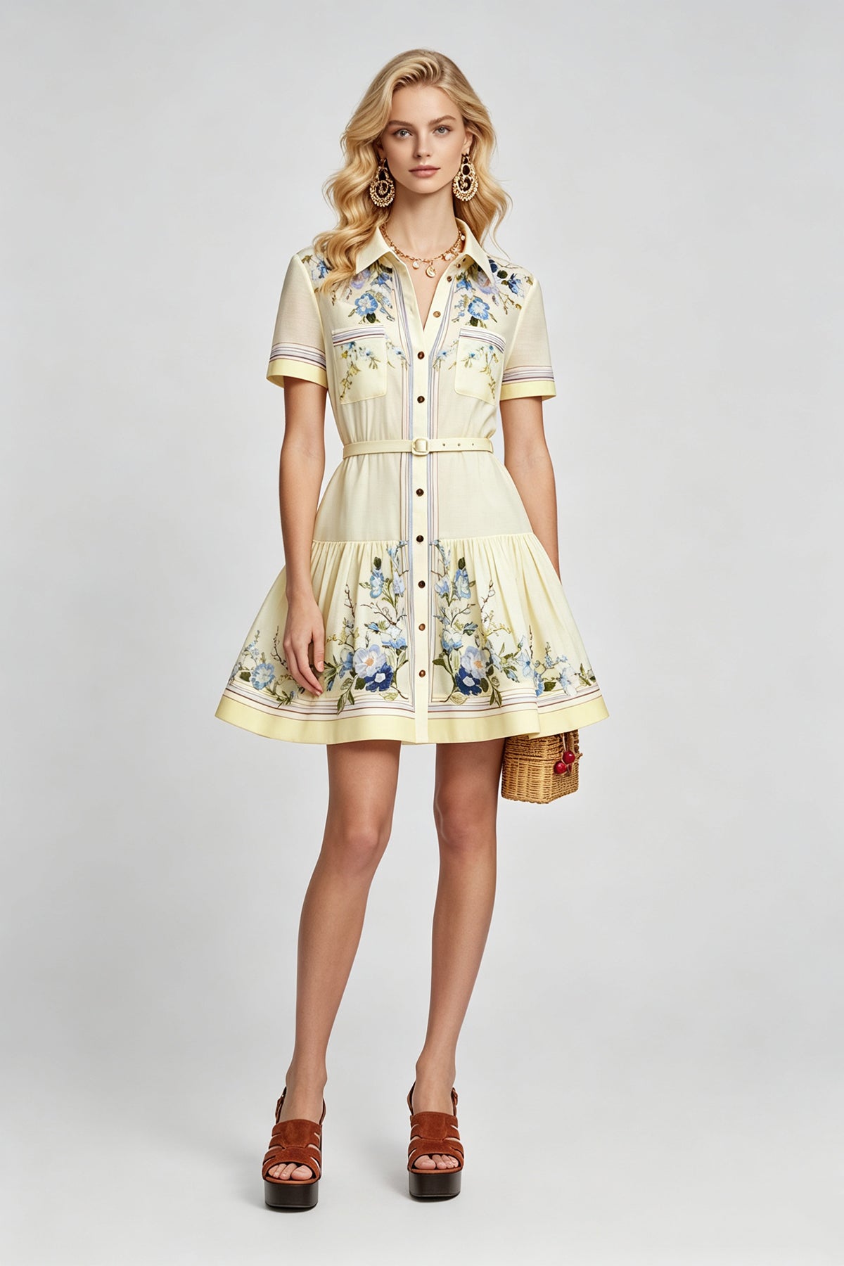 Meadow Blossom Pleated Shirt Dress in Pastel Yellow