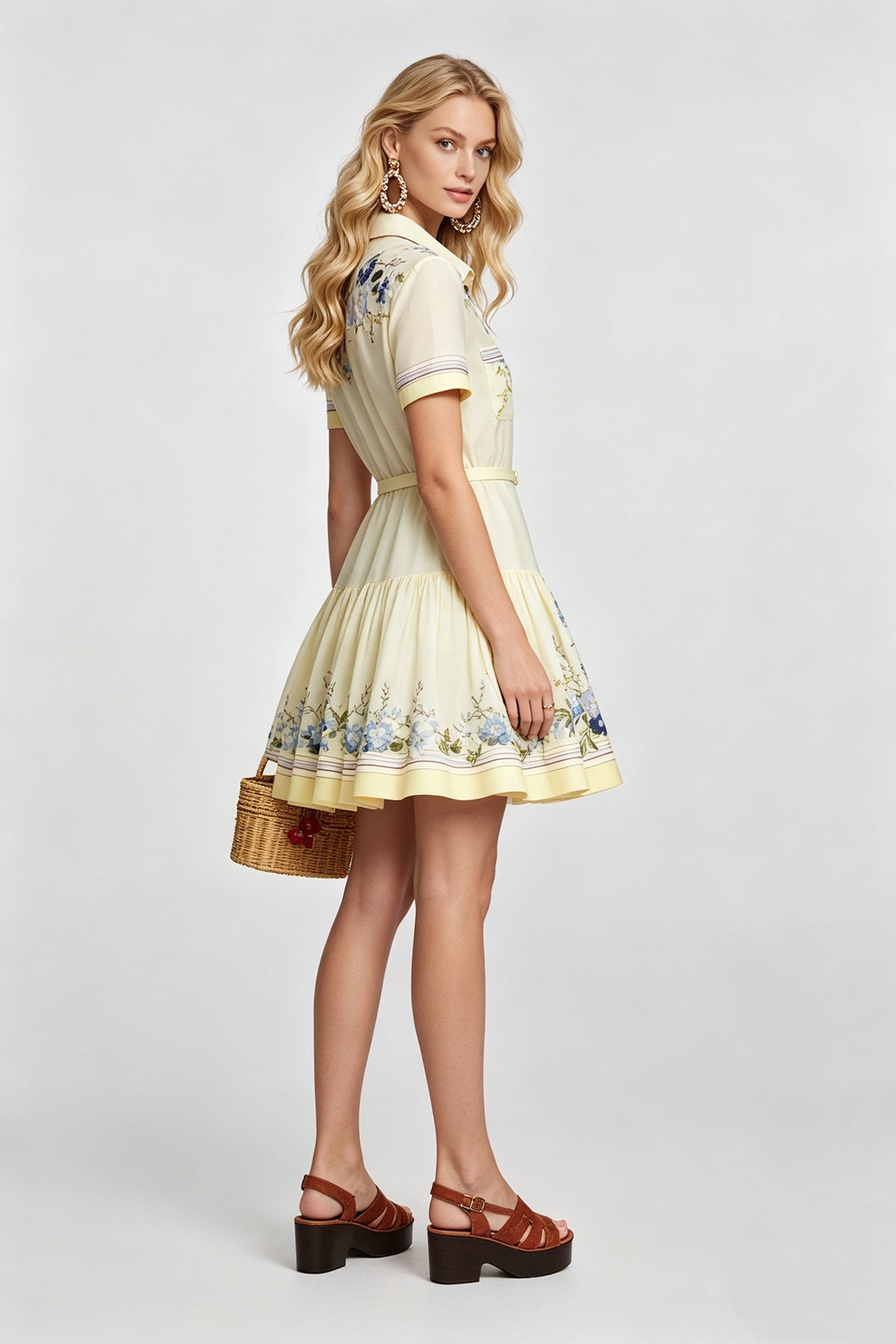 Meadow Blossom Pleated Shirt Dress in Pastel Yellow