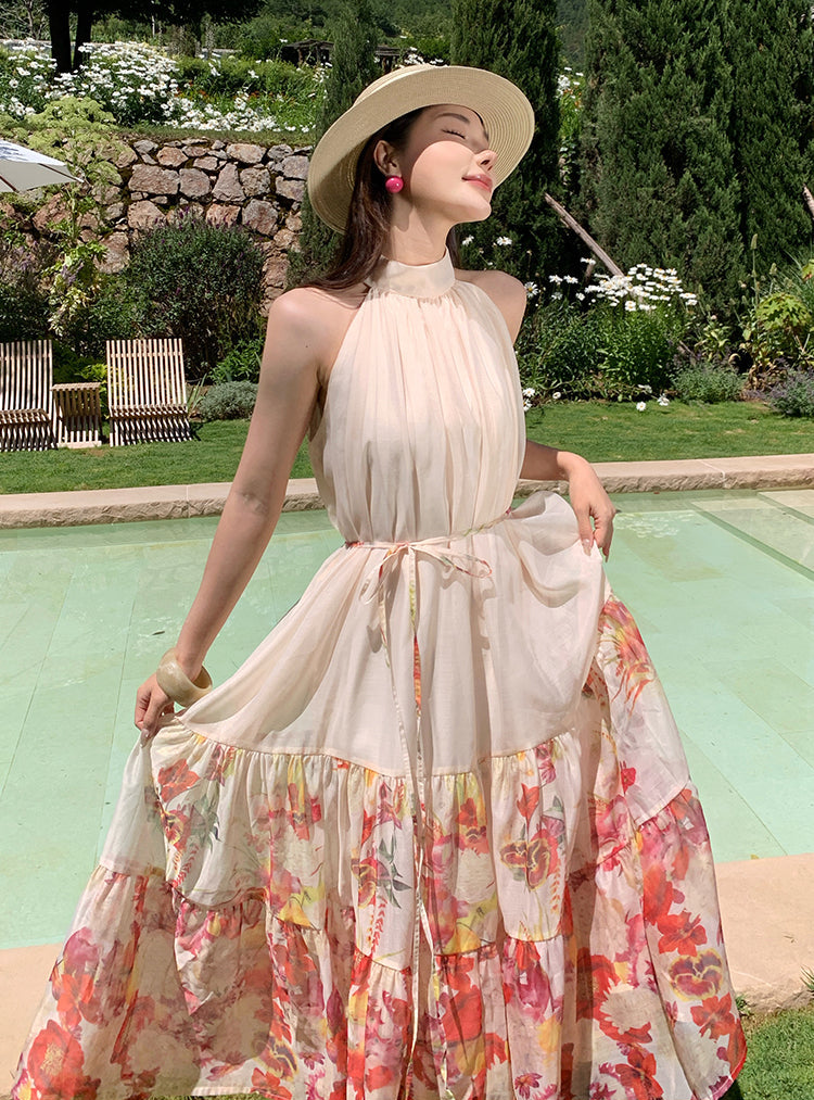 Meadow Floral Halter Neck Maxi Dress-Backless Tiered Chiffon Sun Dress