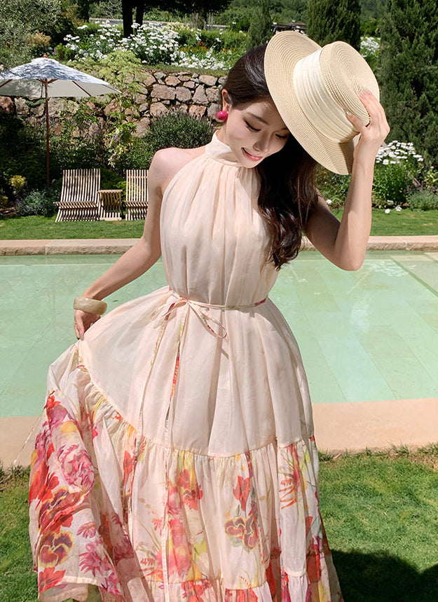 Meadow Floral Halter Neck Maxi Dress-Backless Tiered Chiffon Sun Dress