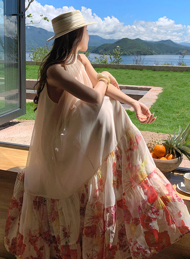 Meadow Floral Halter Neck Maxi Dress-Backless Tiered Chiffon Sun Dress
