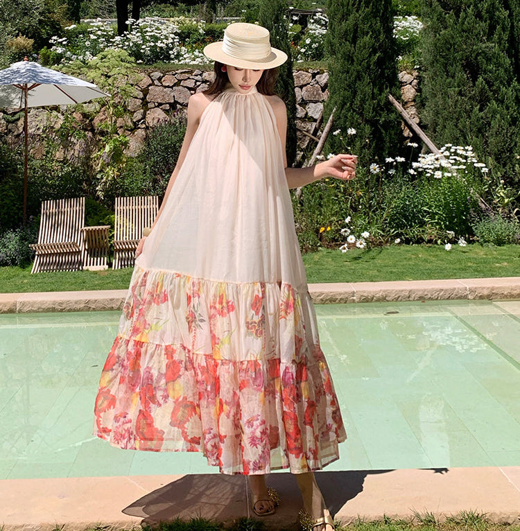 Meadow Floral Halter Neck Maxi Dress-Backless Tiered Chiffon Sun Dress