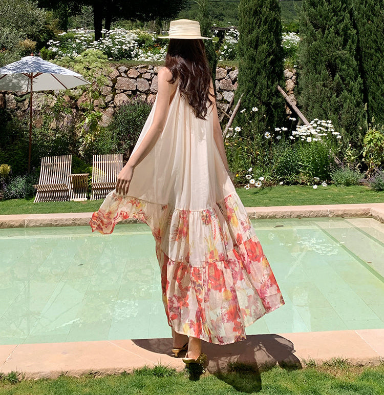 Meadow Floral Halter Neck Maxi Dress-Backless Tiered Chiffon Sun Dress