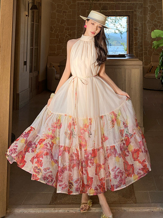Meadow Floral Halter Neck Maxi Dress-Backless Tiered Chiffon Sun Dress
