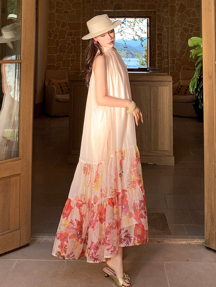 Meadow Floral Halter Neck Maxi Dress-Backless Tiered Chiffon Sun Dress