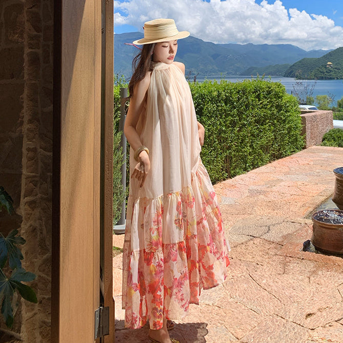 Meadow Floral Halter Neck Maxi Dress-Backless Tiered Chiffon Sun Dress