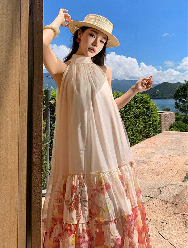 Meadow Floral Halter Neck Maxi Dress-Backless Tiered Chiffon Sun Dress