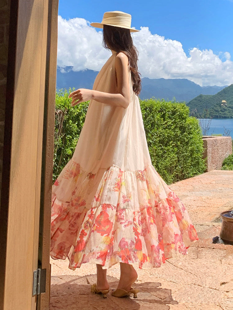 Meadow Floral Halter Neck Maxi Dress-Backless Tiered Chiffon Sun Dress