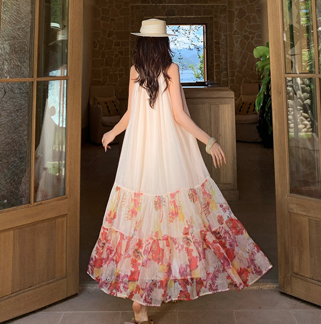 Meadow Floral Halter Neck Maxi Dress-Backless Tiered Chiffon Sun Dress