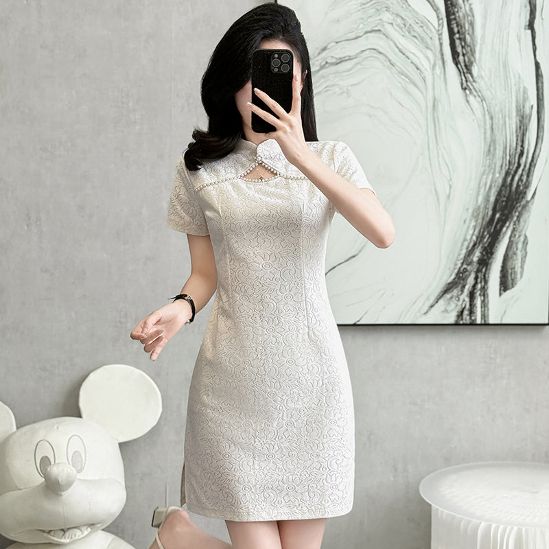 Mei Floral Lace Pearl-Trimmed Mini Dress