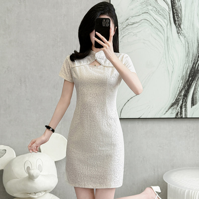 Mei Floral Lace Pearl-Trimmed Mini Dress
