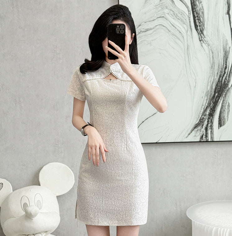 Mei Floral Lace Pearl-Trimmed Mini Dress