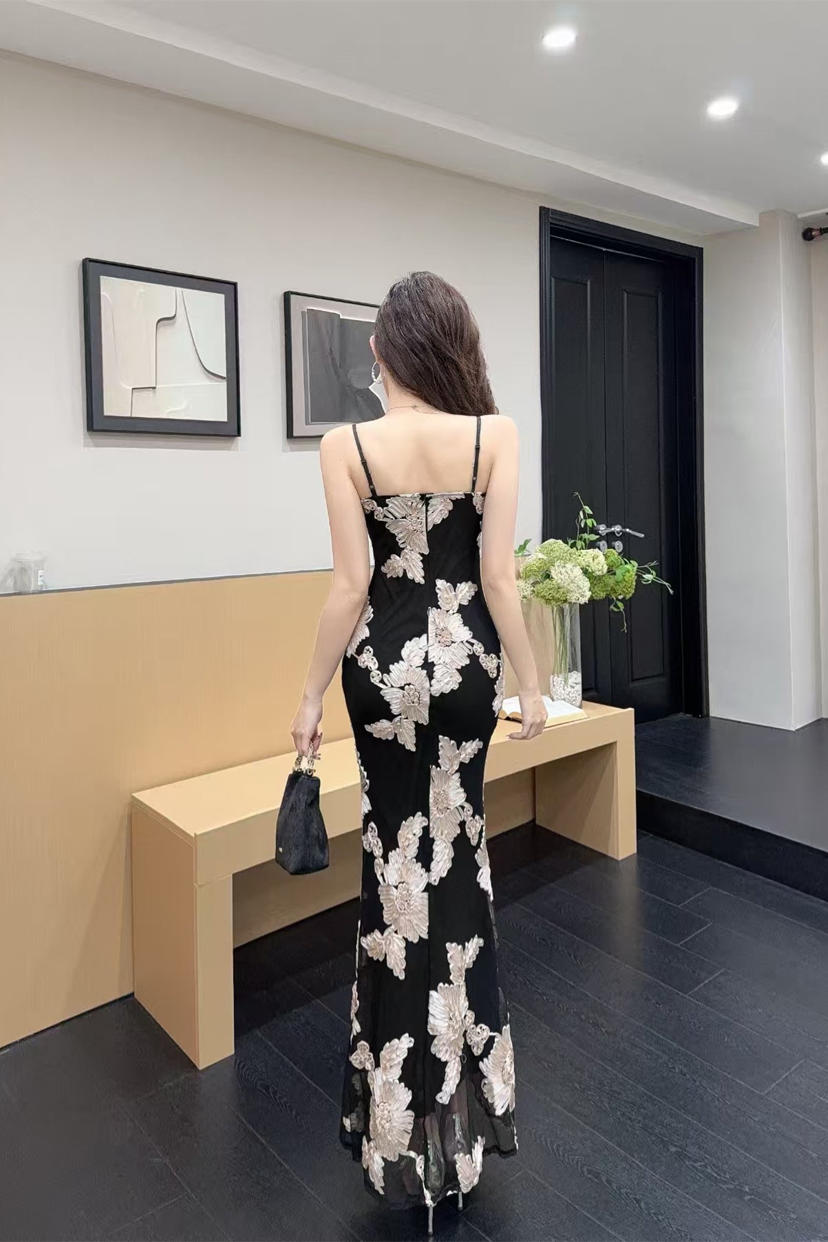 Luxurious Floral Embroidered Bodycon Maxi Dress